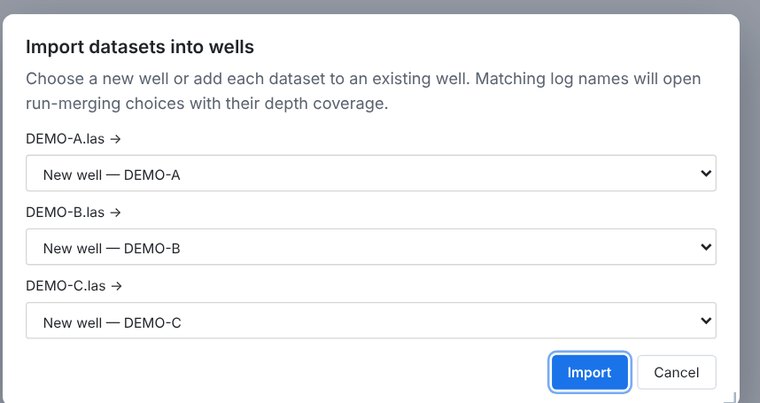 Import datasets into wells dialog in LogPlot Studio listing three LAS files, each set to become a new well