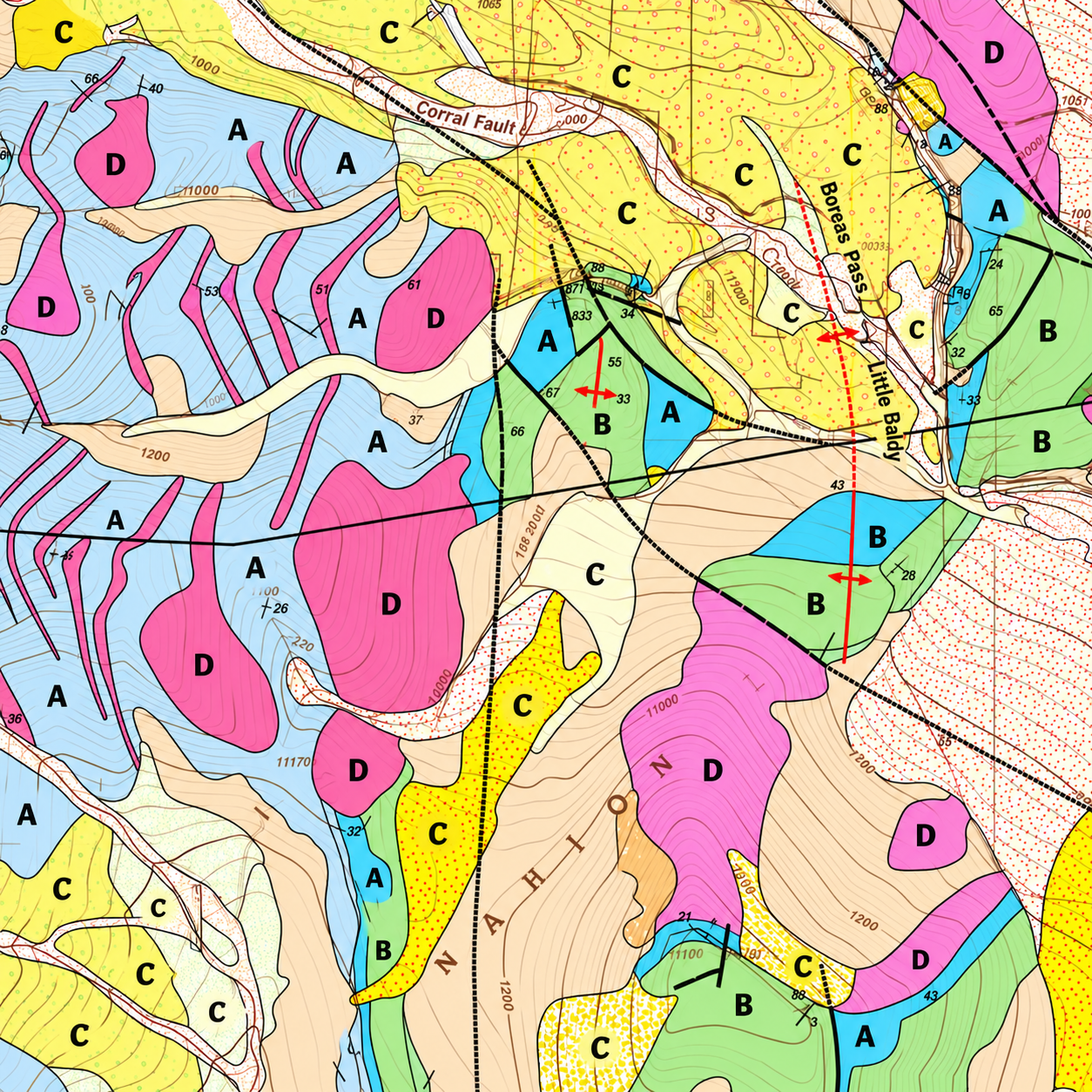 Colorful geological map showing formation boundaries, faults, contours and lithologic patterns